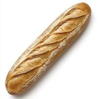Golden Brown Baguette on White Background High Angle Close Up photo