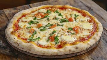 Rustic Cheese Pizza with Cherry Tomatoes and Basil photo