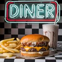 A hamburger and fries sit on a checkered table next to a neon sign that says photo