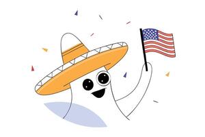 Playful cartoon character featuring a sombrero and American flag elements in a vibrant illustration perfect for holiday designs and lively party graphics vector