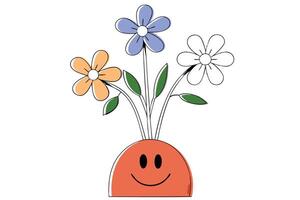 Delightful smiley face character presenting bright flowers in a joyful and colorful artistic style perfect for uplifting and friendly creative projects vector