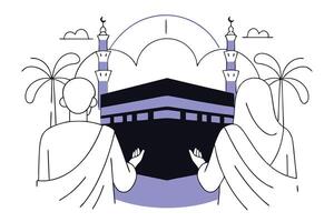 Devout couple in traditional Hajj attire standing peacefully reflecting the religious significance and solemnity of the pilgrimage to the holy sites in Mecca vector