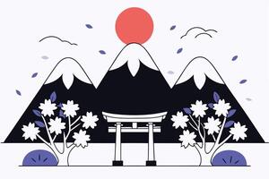 Peaceful landscape with mountains, red sun, and cherry blossoms in harmony creating a serene and beautiful natural scene inspired by Japanese aesthetics. vector