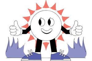 Happy sun character cartoon with a bright smile and fire flame effect illustrated in a cheerful and fun style ideal for kids themes or summer projects vector