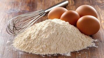 Eggs and flour on a wooden table photo