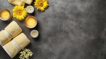Spa background with towels, candles and flowers photo