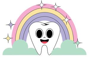 Vibrant smiling tooth surrounded by cheerful clouds and rainbow light ideal for promoting healthy dental habits to young children in a fun way vector