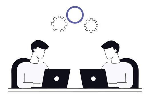 Illustration showing two men working on laptops in a modern office environment with a collaborative and productive atmosphere vector