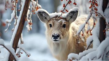 A deer is standing in the snow with berries photo