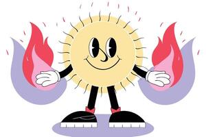 Animated sun character with a happy face and stylized fire flames in cartoon form perfect for bright joyful themes and children or seasonal graphics vector