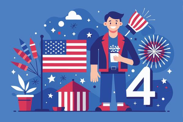 A vibrant and detailed flat design illustration capturing the spirit of the fourth of July through symbolic imagery and a clean graphic style, great for seasonal marketing and social media content.