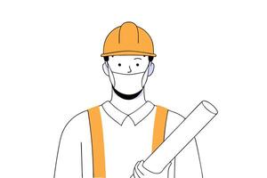 Young man character depicted as an engineer with a construction worker uniform and helmet vector