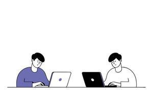 Illustration of two men collaborating on laptops at a modern office space showing cooperation and digital workflow to support business and tech articles vector
