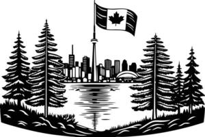 High resolution Toronto skyline scene with lake national flag and pine trees for use in digital artwork Canadian tourism prints and cultural campaigns vector