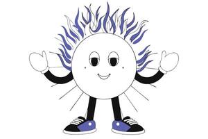 Cartoon sun character with a happy smiling face and fire flame design elements in a playful fiery style perfect for children books or cheerful sunny graphics vector