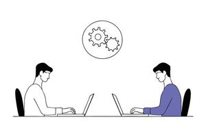 Illustration of two men focused on laptops at an office highlighting dynamic work environments and technology use in contemporary offices vector