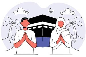 A couple in traditional Hajj pilgrimage clothing standing together showing cultural unity and devotion during the sacred journey of Hajj for Islamic pilgrimage vector