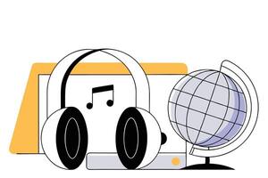World Music Day Tribute Featuring Headphones Combined with Music Notes and a Globe Symbolizing Global Unity and the Power of Music to Connect All Cultures vector