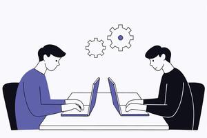 Illustration of two men working together on laptops in an office setting emphasizing efficient communication and project management for corporate presentations vector