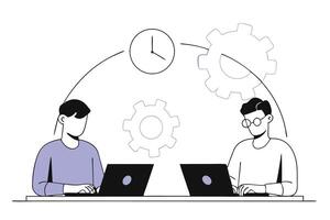 Illustration of two men collaborating with laptops at an office focusing on teamwork and digital innovation to inspire business solutions and technology adoption vector