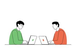 Illustration of two men engaging in laptop work within an office setting representing modern professional collaboration and business strategies vector