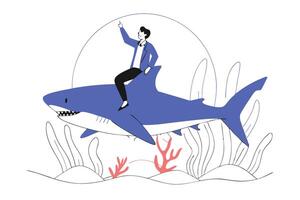 Whimsical artwork featuring a business man riding a large shark in a surreal colorful environment perfect for fun dynamic storytelling or visual branding vector