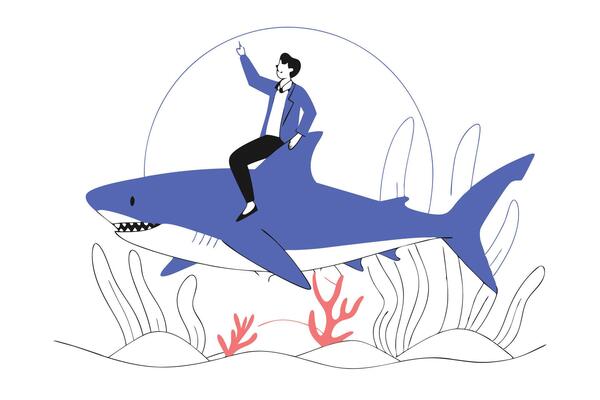 Whimsical artwork featuring a business man riding a large shark in a surreal colorful environment perfect for fun dynamic storytelling or visual branding