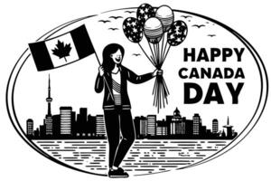 woman with canadian flag and colorful balloons in a vibrant city square during national holiday event vector
