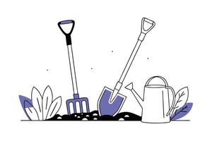 Gardening tools collection with shovels and watering can depicted in a friendly and accessible style to support gardening tips and outdoor hobbyist articles vector