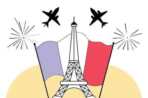 Bold digital artwork featuring the Eiffel Tower along with French flags and fighter jets to evoke the patriotic spirit of Bastille Day in France vector