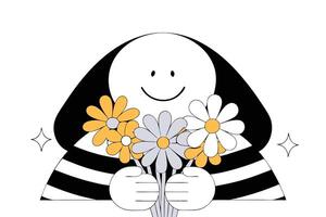 Happy smiley face character holding a bunch of flowers in an endearing and colorful style perfect for conveying joy and friendliness in artwork vector