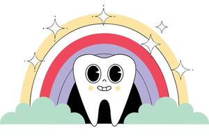 Smiling tooth character floating among rainbows and clouds a perfect design for kids dental merchandise and playful hygiene visual content vector