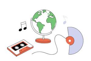 earth globe surrounded by music notes and cassette symbols highlighting world music day connection vector