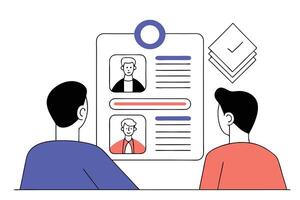 Hiring set showing characters using artificial intelligence tools in a collaborative environment to emphasize modern recruitment and workplace technology trends vector