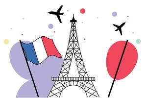 Colorful design incorporating the Eiffel Tower, French flag, and fighter jets celebrating the grandeur of Bastille Day with fireworks and national pride vector