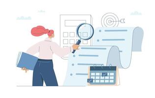 Concept of investment data analysis and document review, Financial auditing and systems concepts, Businesswoman holding magnifying glass looking data in document, Flat illustration. vector