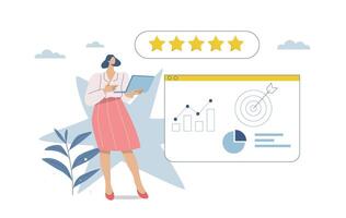 Businesswoman analyzing corporate graphs and data, Task or achievement checklist, Project management, 5 star rating system evaluation. Suitable for business, finance, analysis. Flat design. vector