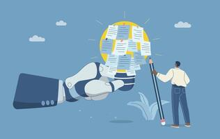 Brainstorming to collect new idea, Artificial intelligence powered idea screening, Robot hand holding light bulb with note paper writing ideas, Creativity and innovation. Flat illustration. vector