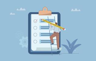 Task or achievement checklist, Project management, Businessman checking tasks put check mark on clipboard list, auditing, evaluation, reporting, analysis. Flat design illustration. vector