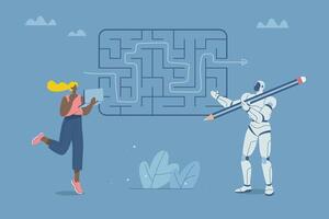 Complex problem solving skills of artificial intelligence, Businesswoman with robot holding big pencil showing how to solve a maze, Human with new innovation, Overcoming difficulties with AI. vector