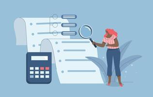 Businesswoman holding magnifying glass looking data in document, Concept of investment data analysis and document review, Financial auditing and systems concepts. Flat illustration. vector