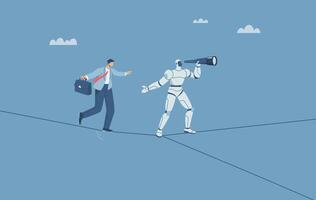 Risk management challenge, Using AI to manage business risks, The robot leads to help the businessman wearing suit walking on the rope and has a separate line. Human cooperation with robotics. vector