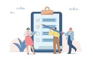 Task checklist with check marks, Task completion tracking management, Survey, Scoring, Questionnaire assessment, Business team putting check marks on clipboard list. Flat illustration. vector