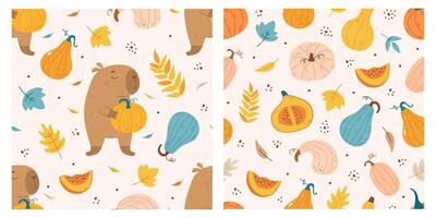 Autumn pattern set with cute capybara and pumpkins vector