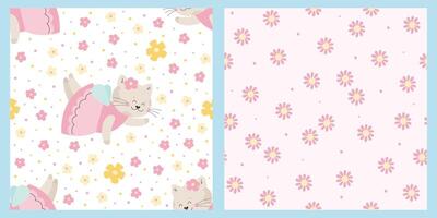 Magic cat with flowers seamless pattern collection vector