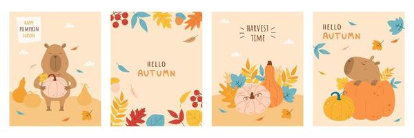 Autumn collection of cards with funny capybara vector