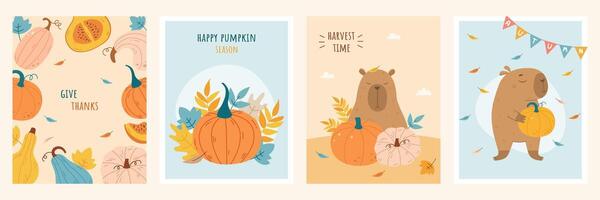 Autumn set of greeting cards with funny capybara vector