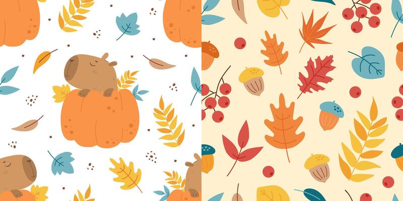 Capybara in pumpkin and leaves autumn patterns