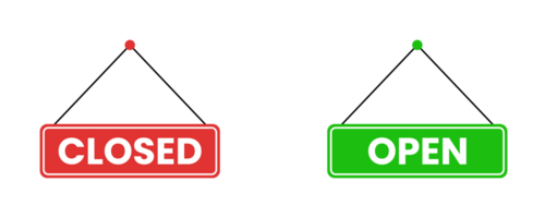 Green and red Open and Closed signs, ideal for store status, website banners or opening hours notices. Flat and clean layout. png