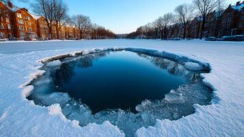 A picturesque view of a frozen lake with a small opening of water reflecting the trees and the sky. photo